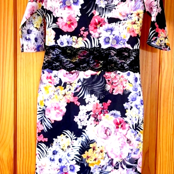BNWT Misslook Black & Multi Floral Lace Detail Summer Midi Dress UK 10 - Picture 4 of 6